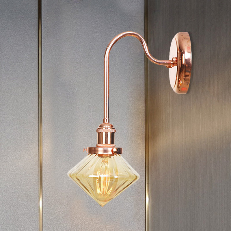 Clear/Amber Glass Copper Sconce Light Diamond 1 Light Farmhouse Wall Lighting Fixture for Bedroom Clearhalo 'Art deco wall lights' 'Cast Iron' 'Glass' 'Industrial wall lights' 'Industrial' 'Middle century wall lights' 'Modern' 'Rustic wall lights' 'Tiffany' 'Traditional wall lights' 'Wall Lamps & Sconces' 'Wall Lights' Lighting' 1229824