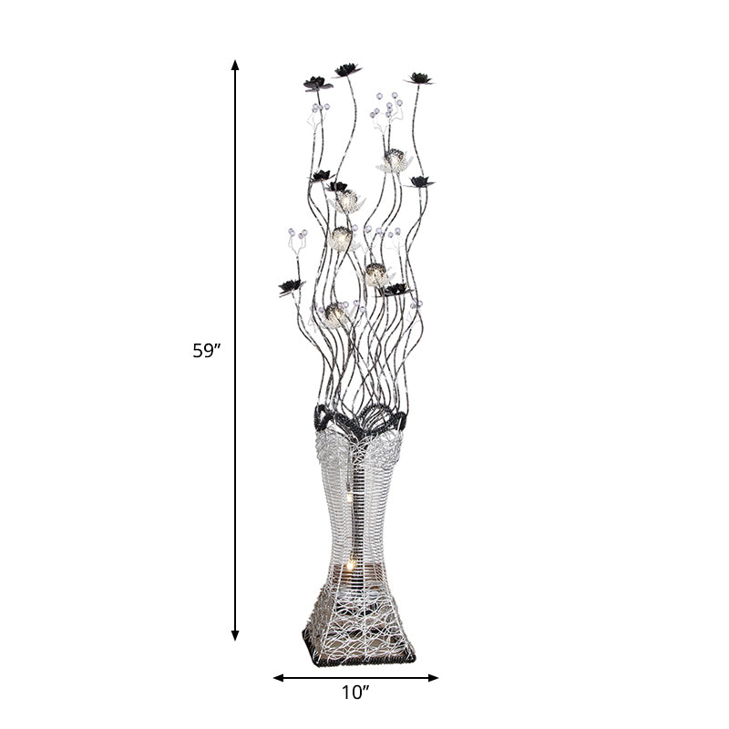 Art Decor Torch-Like Floor Light LED Aluminum Stand Up Lamp Curvy Arm with Floret Decor in Black and Silver Clearhalo 'Floor Lamps' 'Lamps' Lighting' 1272324