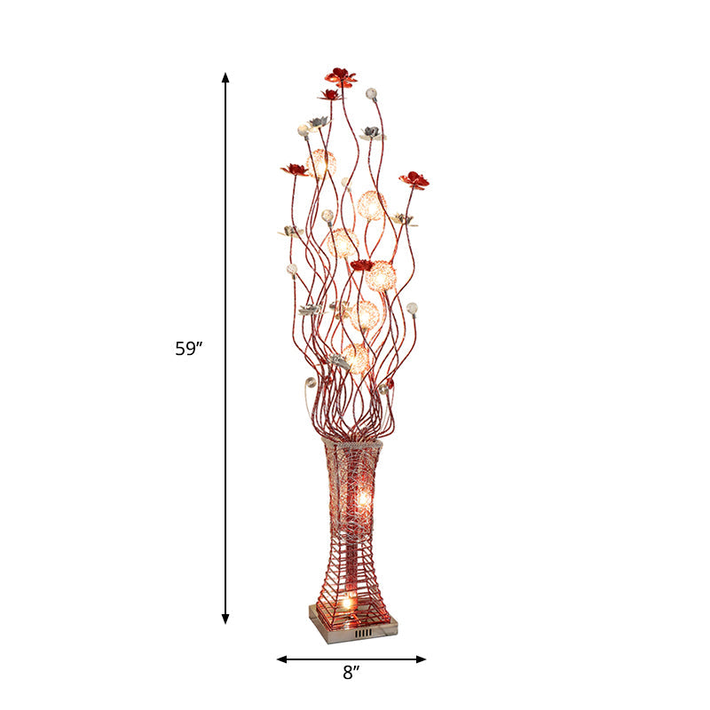 Metallic Red Floret Floor Lighting Trapezoid LED Art Decor Stand Up Lamp with Tree Branch Design Clearhalo 'Floor Lamps' 'Lamps' Lighting' 1272336