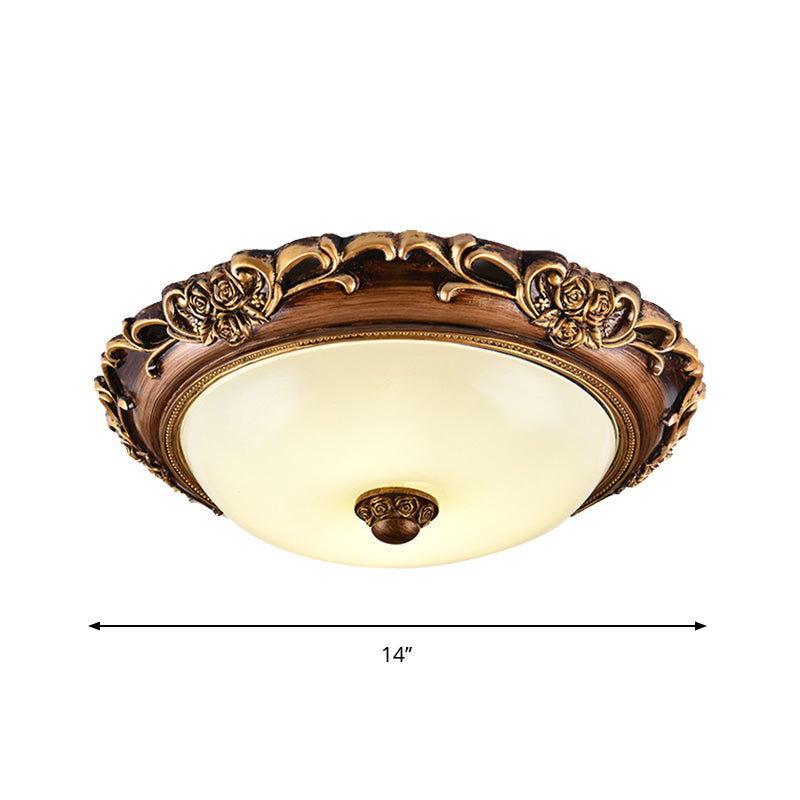 Dome Bedroom Flush Mounted Light Antique Milk Glass Brown LED Close to Ceiling Lamp, 14