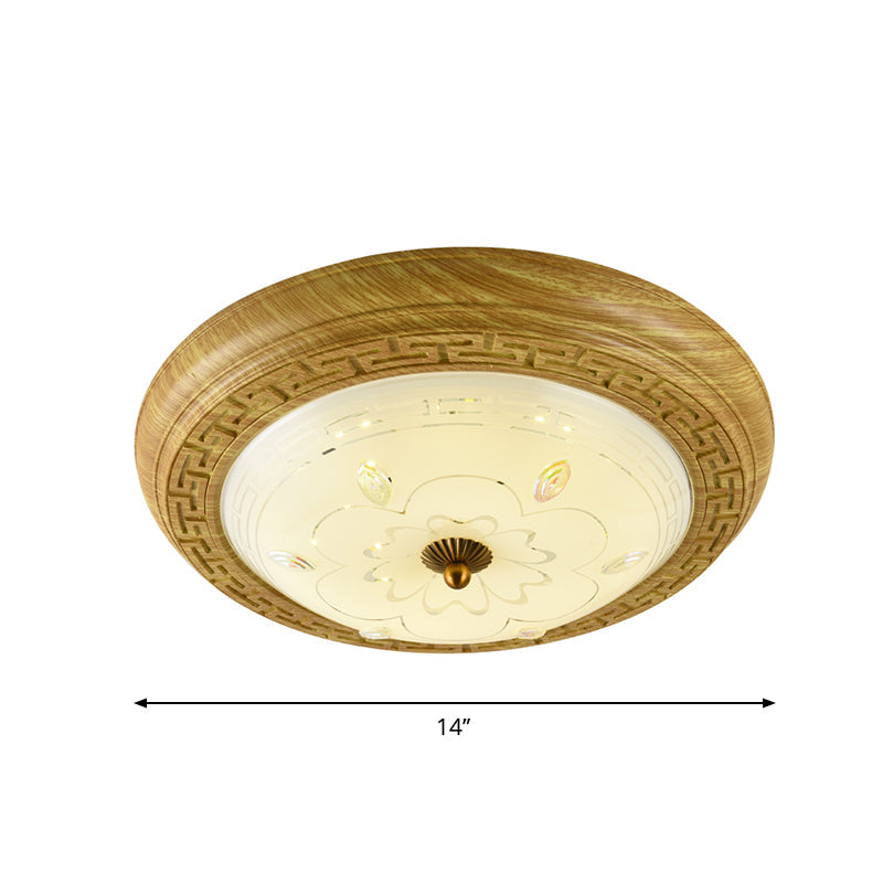 Wooden LED Flushmount Lighting Simple Yellow-Brown Circle Bedroom Ceiling Light with Dome Glass Shade, 14