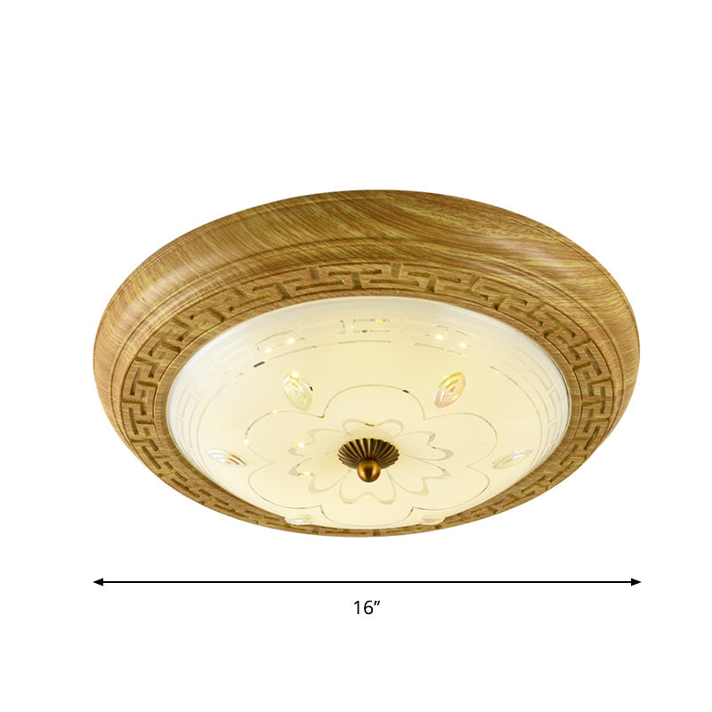 Wooden LED Flushmount Lighting Simple Yellow-Brown Circle Bedroom Ceiling Light with Dome Glass Shade, 14