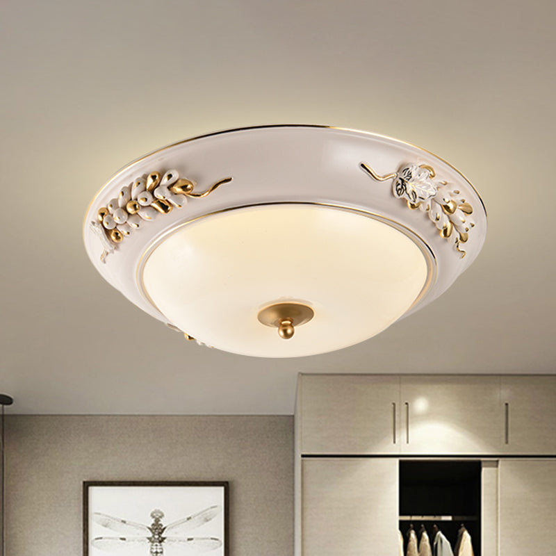 White LED Flush Ceiling Light Fixture Classic Opal Glass Bowl Flushmount with Embossed Spikelet Decor, 12