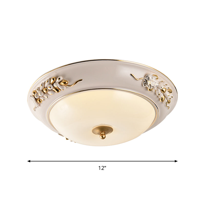 White LED Flush Ceiling Light Fixture Classic Opal Glass Bowl Flushmount with Embossed Spikelet Decor, 12