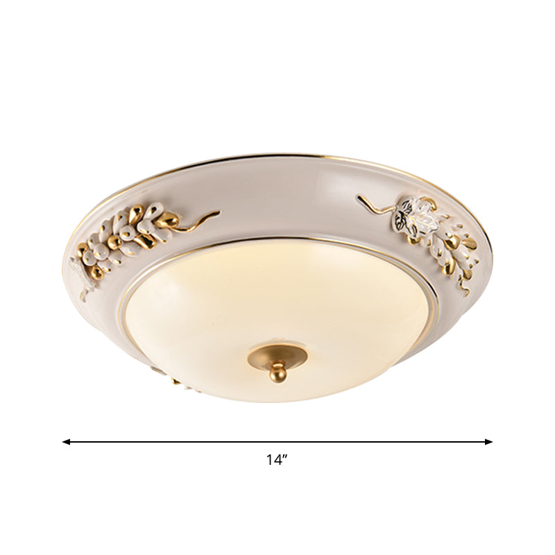 White LED Flush Ceiling Light Fixture Classic Opal Glass Bowl Flushmount with Embossed Spikelet Decor, 12