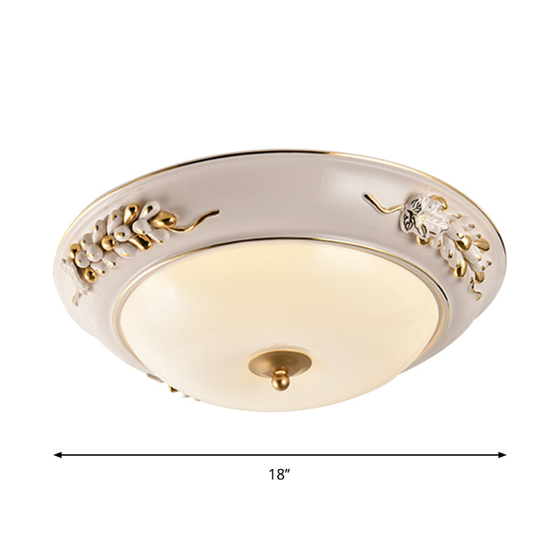 White LED Flush Ceiling Light Fixture Classic Opal Glass Bowl Flushmount with Embossed Spikelet Decor, 12