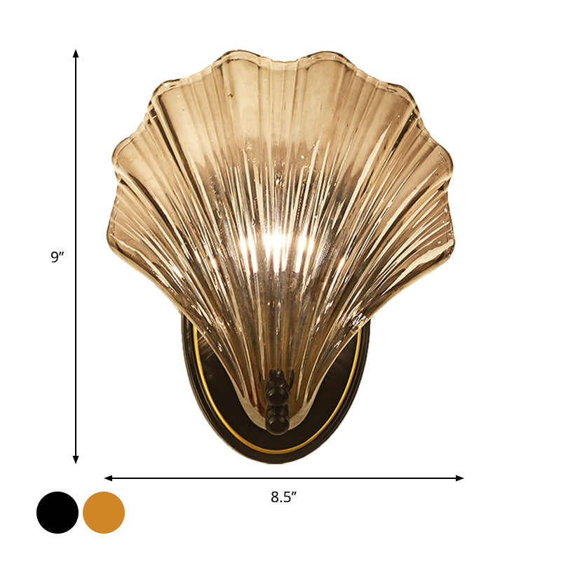 Single Scalloped Shell Wall Lamp Country Style Black/Gold Ribbed Glass Sconce Lighting Fixture Clearhalo 'Wall Lamps & Sconces' 'Wall Lights' Lighting' 1272883