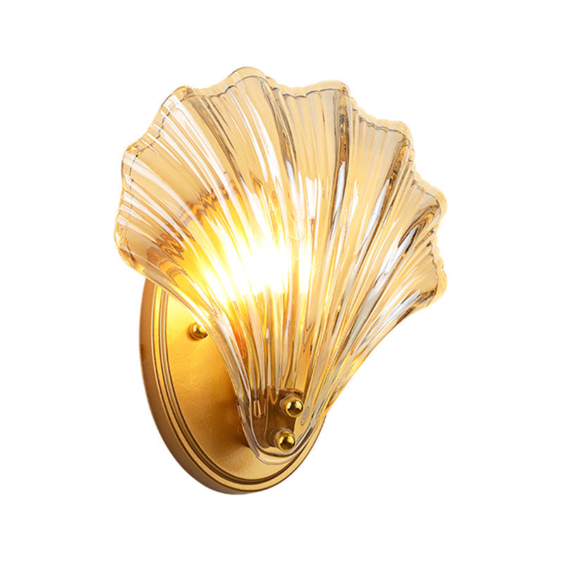 Single Scalloped Shell Wall Lamp Country Style Black/Gold Ribbed Glass Sconce Lighting Fixture Clearhalo 'Wall Lamps & Sconces' 'Wall Lights' Lighting' 1272887