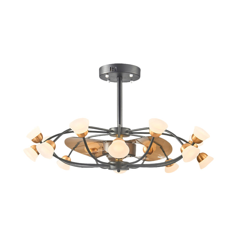 3-Blade Metal Oval Cage Pendant Fan Light Modernist LED Black Semi Flush Lamp Fixture, 35.5