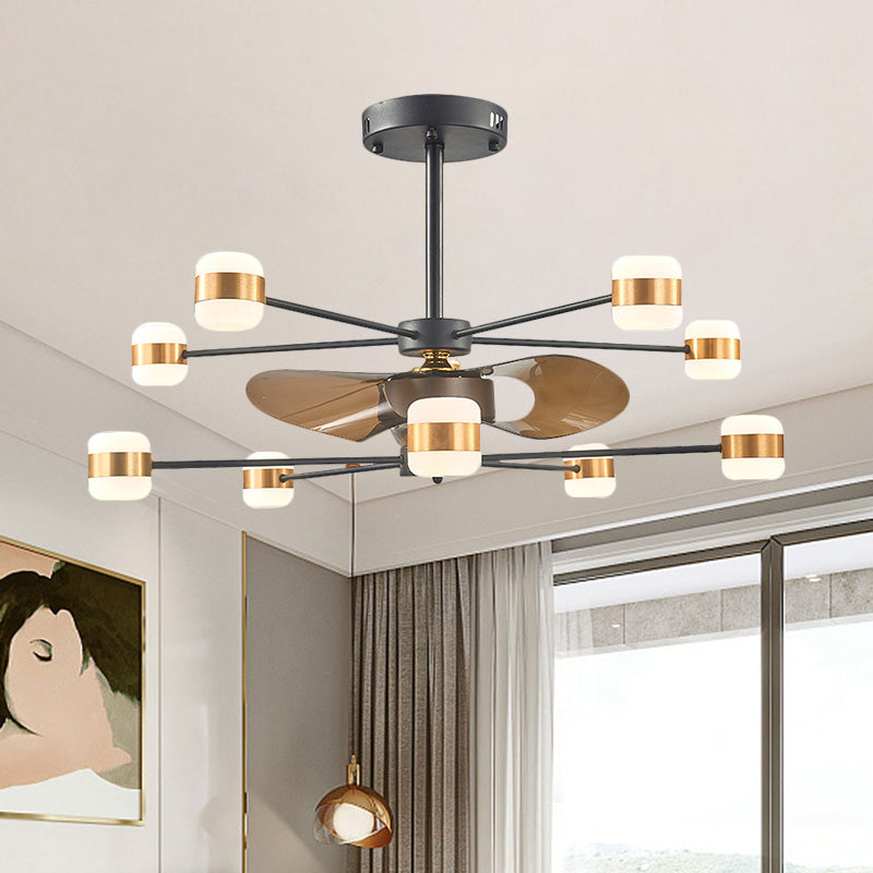 Gold 2-Layer Radial Semi Flush Lighting Modern 10 Bulbs Metallic Hanging Fan Light with 3 Brown Blades, 36.5