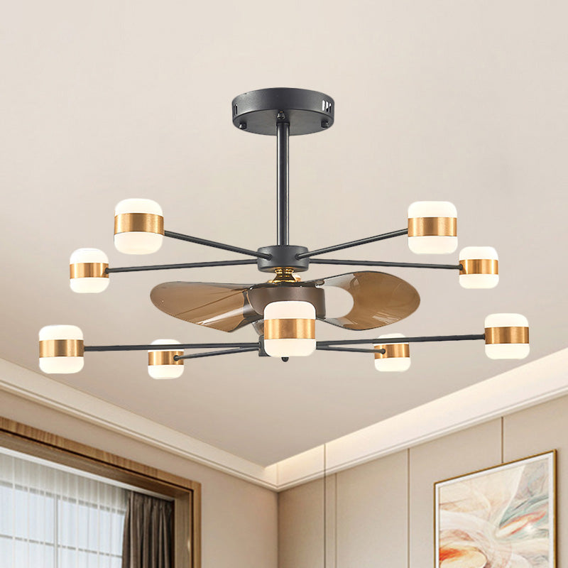 Gold 2-Layer Radial Semi Flush Lighting Modern 10 Bulbs Metallic Hanging Fan Light with 3 Brown Blades, 36.5