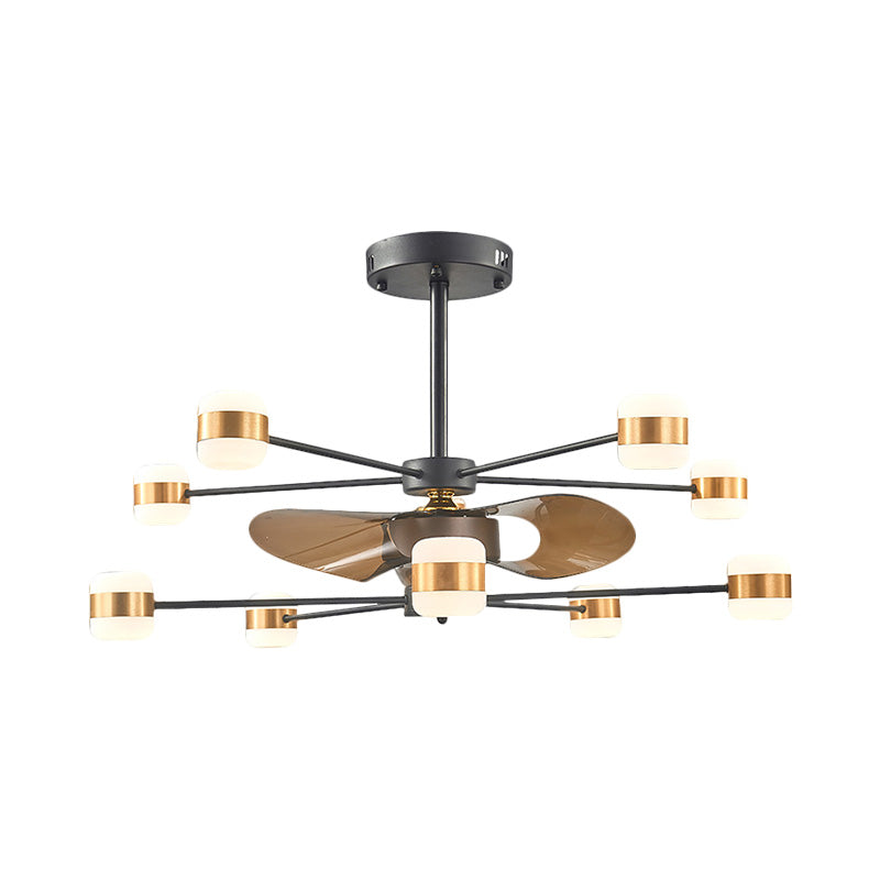 Gold 2-Layer Radial Semi Flush Lighting Modern 10 Bulbs Metallic Hanging Fan Light with 3 Brown Blades, 36.5