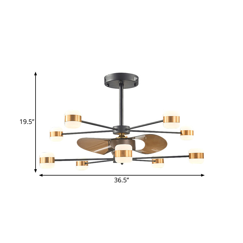 Gold 2-Layer Radial Semi Flush Lighting Modern 10 Bulbs Metallic Hanging Fan Light with 3 Brown Blades, 36.5