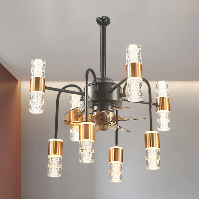 Modernist Sputnik Hanging Fan Light Metallic 8-Light Bedroom Semi Flush Lamp with 3 Brown Blades in Gold, 22