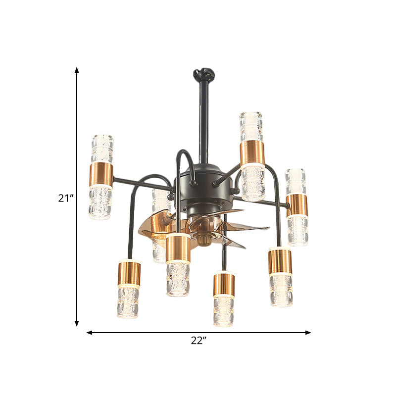 Modernist Sputnik Hanging Fan Light Metallic 8-Light Bedroom Semi Flush Lamp with 3 Brown Blades in Gold, 22