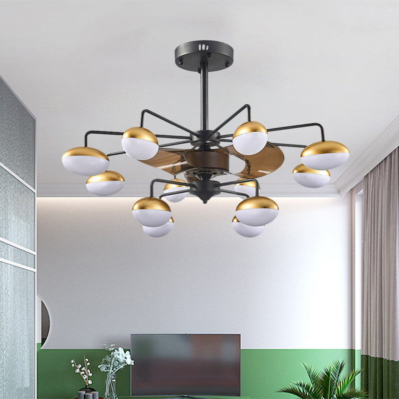 Black Egg-Shape Hanging Fan Lamp Modernist 12 Heads Acrylic Semi Mount Lighting with 3 Brown Blades, 37.5