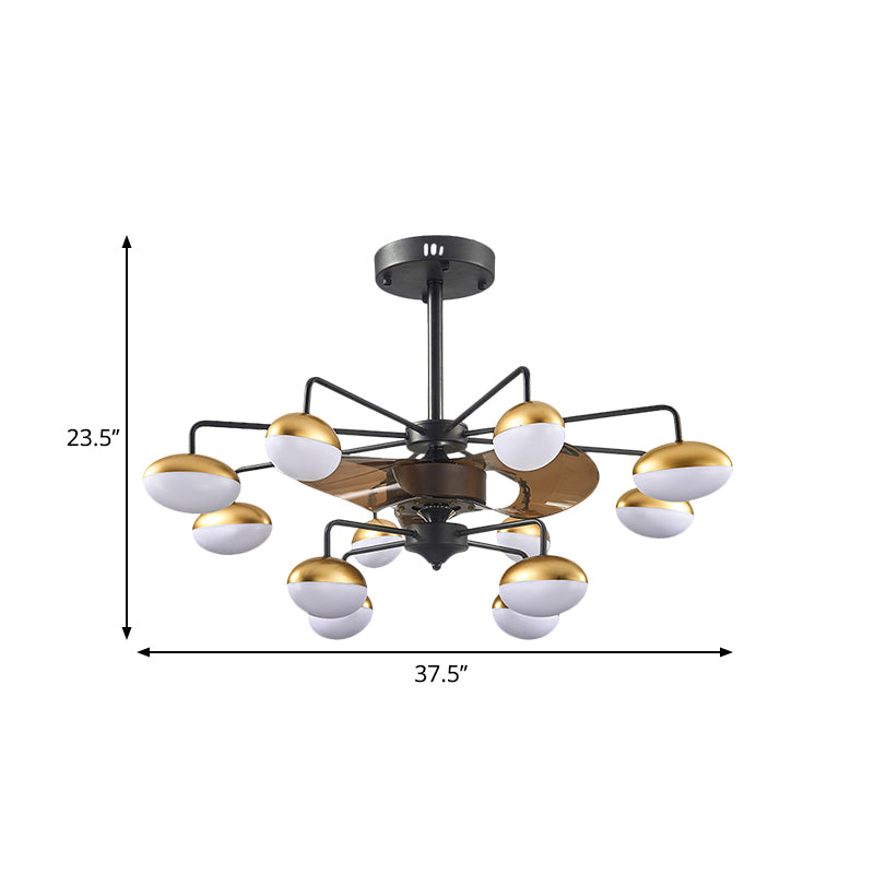 Black Egg-Shape Hanging Fan Lamp Modernist 12 Heads Acrylic Semi Mount Lighting with 3 Brown Blades, 37.5