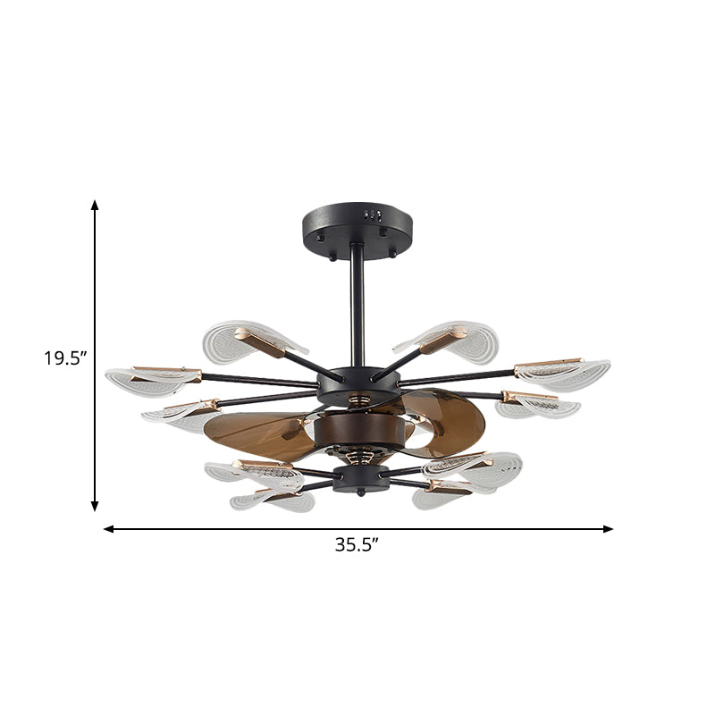 Modern Cattail Leaf Semi Flush Lighting Acrylic 10 Lights Bedroom 3-Blade Fan Lamp Fixture in Black, 35.5