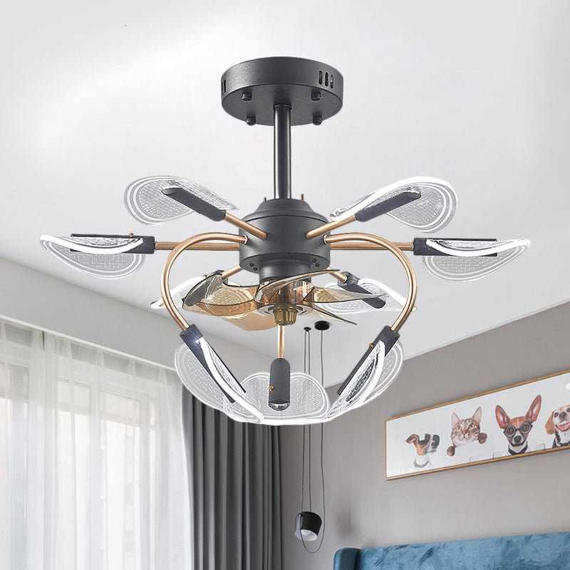 Black Cattail Leaf Fan Lamp Contemporary 9 Heads Acrylic 4-Blade Semi Flush Mount Light, 27.5