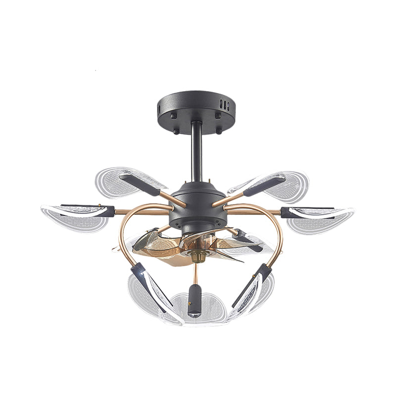 Black Cattail Leaf Fan Lamp Contemporary 9 Heads Acrylic 4-Blade Semi Flush Mount Light, 27.5