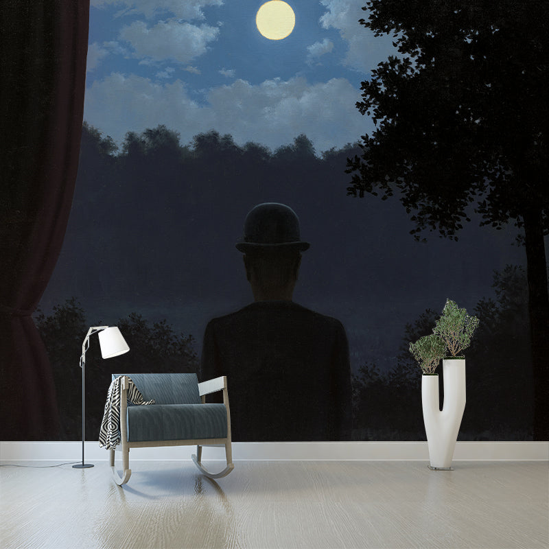 Non-Woven Washable Wallpaper Mural Surrealism La Rencontre Du Plaisir Magritte Painting Wall Covering Black-Blue Clearhalo 'Wall Decor' 'Wall Mural' 1273511