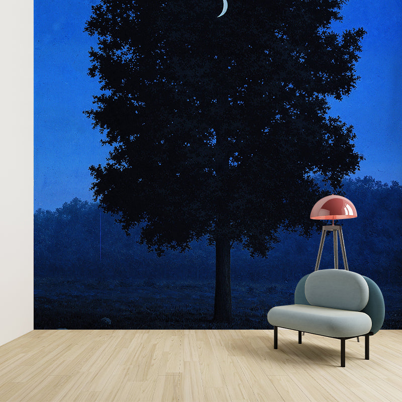 Waterproof Crescent in Tree Murals Decal Surreal Non-Woven Wall Art, Made to Measure Black-Blue Clearhalo 'Wall Decor' 'Wall Mural' 1273662