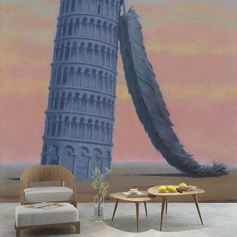 Large Scenery Wall Mural Decal for Bedroom Feather and Leaning Tower of Pisa Wall Decor, Orange-Blue, Washable Clearhalo 'Wall Decor' 'Wall Mural' 1273697