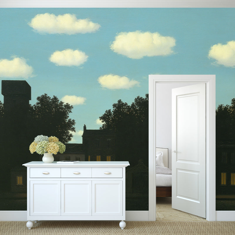 Village at Dawn Scenery Mural Wallpaper Surrealism Non-Woven Wall Art in Blue-Green Clearhalo 'Wall Decor' 'Wall Mural' 1273720
