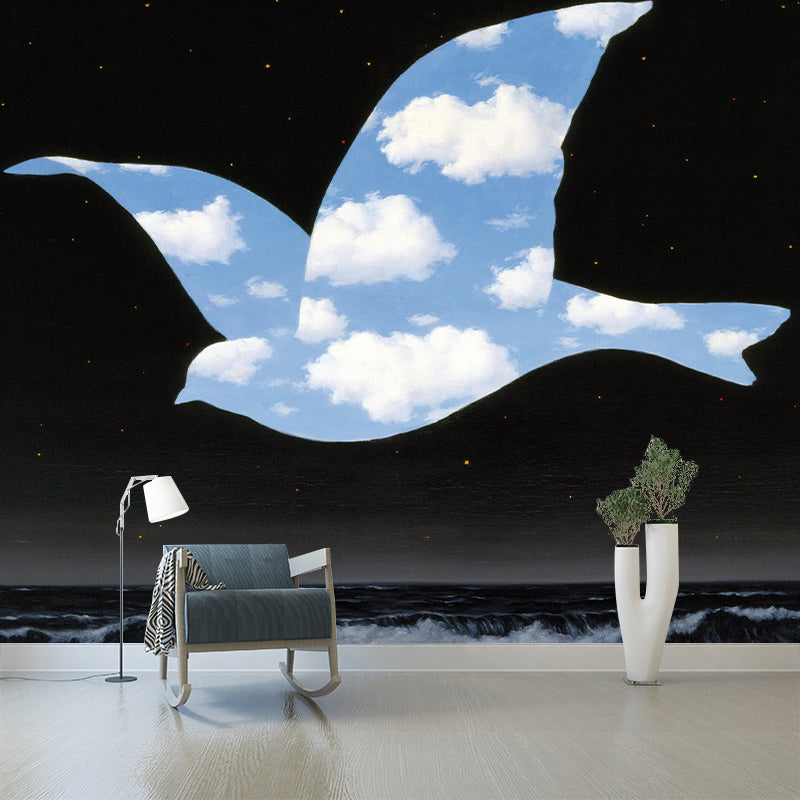 Illustration Pigeon Wallpaper Murals Stain-Proof Surreal Bedroom Wall Decoration Black-Blue Clearhalo 'Wall Decor' 'Wall Mural' 1273733