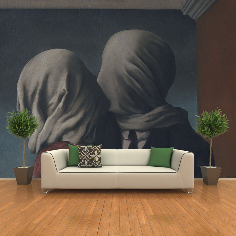 Non-Woven Large Grey Murals Surreal Masked Lover Kissing Pattern Wall Art, Made to Measure Clearhalo 'Wall Decor' 'Wall Mural' 1273744