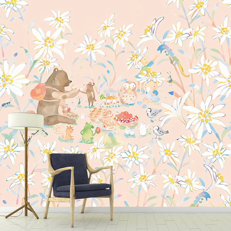 Full-Size Childrens Art Murals Soft Color Picnic Bear in Flower Land Pattern Wall Decor, Custom Made Clearhalo 'Wall Decor' 'Wall Mural' 1274407