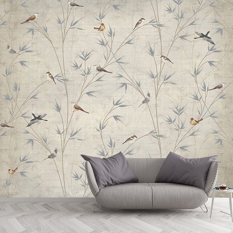 Custom Illustration Chinese Mural Decal with Bird on Bamboo Branch Pattern in Grey-Light Yellow Grey-Light Yellow Clearhalo 'Wall Decor' 'Wall Mural' 1274410