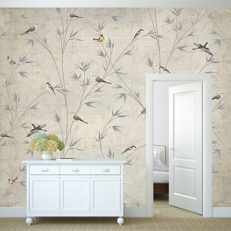 Custom Illustration Chinese Mural Decal with Bird on Bamboo Branch Pattern in Grey-Light Yellow Clearhalo 'Wall Decor' 'Wall Mural' 1274411