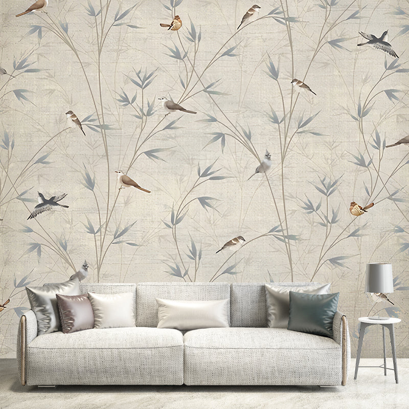 Custom Illustration Chinese Mural Decal with Bird on Bamboo Branch Pattern in Grey-Light Yellow Clearhalo 'Wall Decor' 'Wall Mural' 1274412