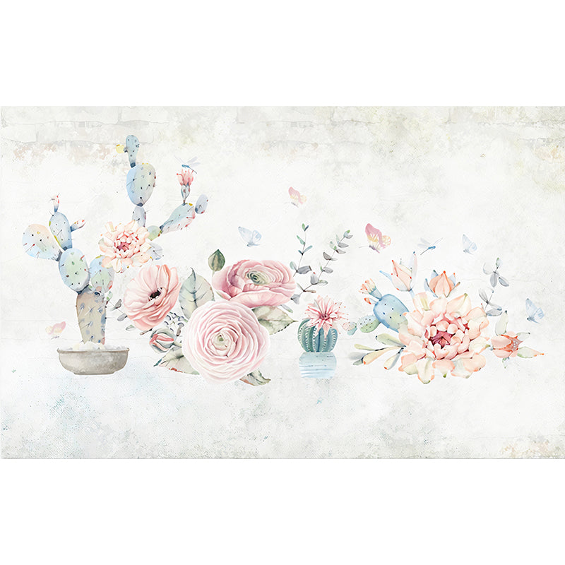 Tropix Cactus and Peony Murals Pink-Blue Stain-Resistant Wall Art for Living Room Clearhalo 'Wall Decor' 'Wall Mural' 1274418