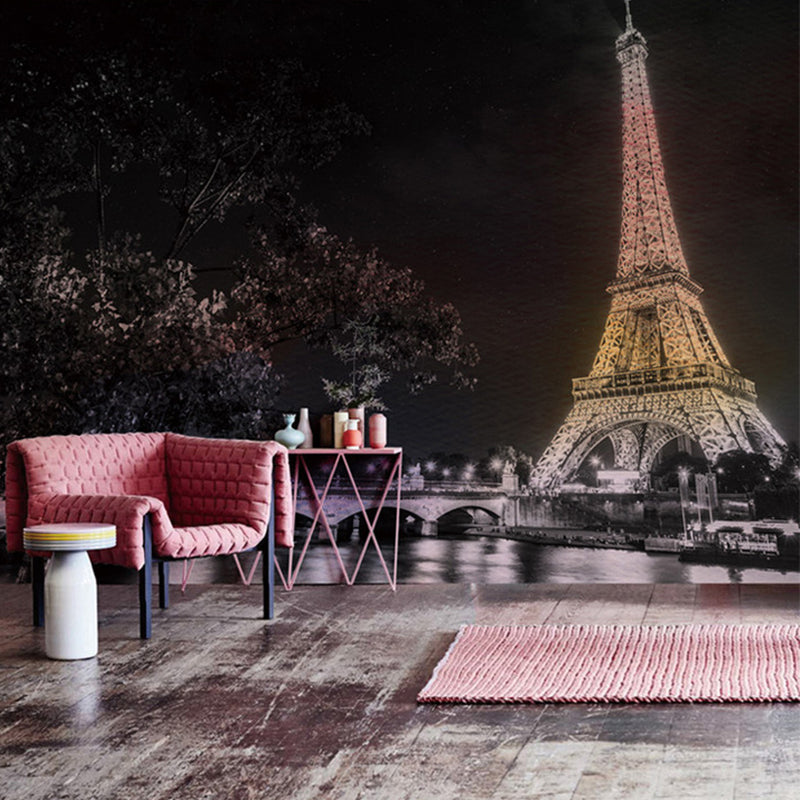 Whole Night City Wallpaper Murals for Living Room Eiffel Tower Wall Decor in Black, Stain Resistant Clearhalo 'Wall Decor' 'Wall Mural' 1274431