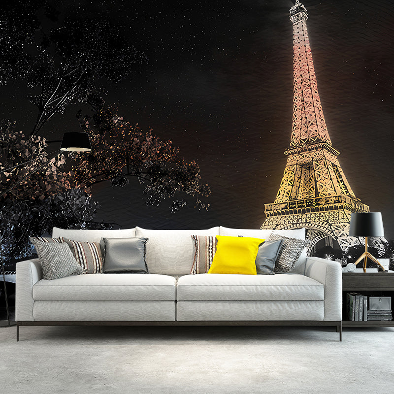 Whole Night City Wallpaper Murals for Living Room Eiffel Tower Wall Decor in Black, Stain Resistant Clearhalo 'Wall Decor' 'Wall Mural' 1274432
