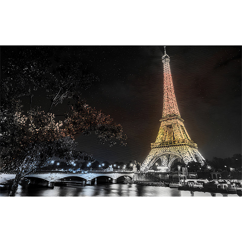 Whole Night City Wallpaper Murals for Living Room Eiffel Tower Wall Decor in Black, Stain Resistant Clearhalo 'Wall Decor' 'Wall Mural' 1274433