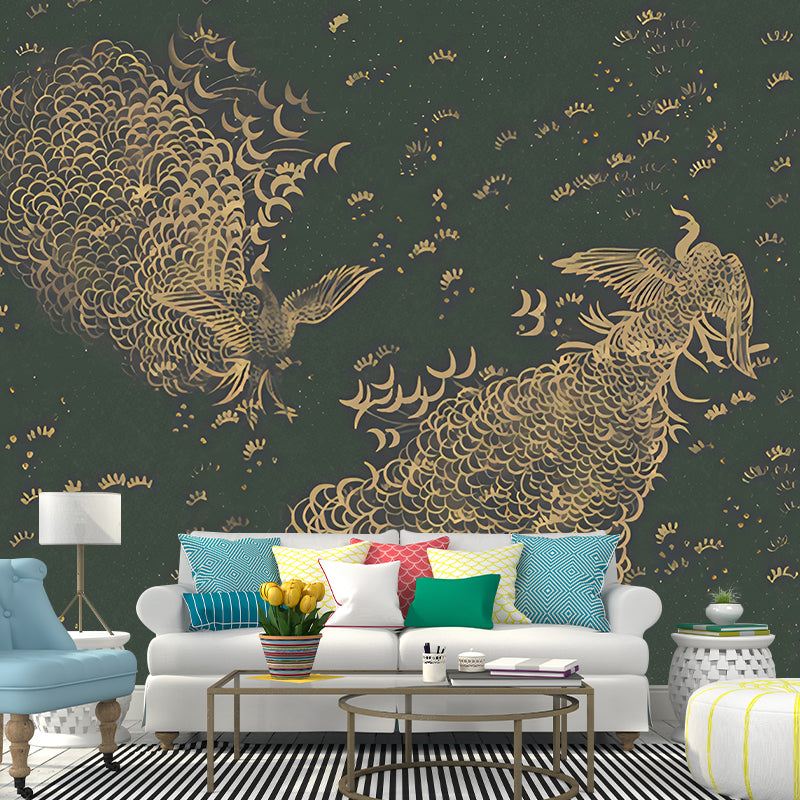 Large Peacock Wall Covering Murals in Dark Color Non-Woven Wall Art, Waterproof, Personalized Size Clearhalo 'Wall Decor' 'Wall Mural' 1274486