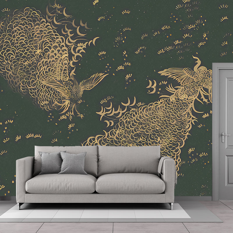 Large Peacock Wall Covering Murals in Dark Color Non-Woven Wall Art, Waterproof, Personalized Size Clearhalo 'Wall Decor' 'Wall Mural' 1274487