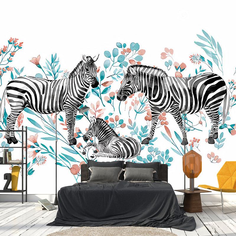 Stylish Zebra Wall Paper Murals Multicolored Flowers Wall Covering on White for Bedroom Clearhalo 'Wall Decor' 'Wall Mural' 1274497