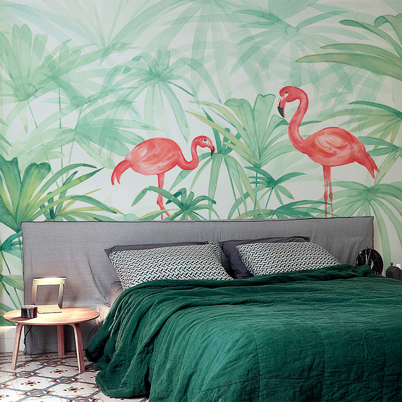 Plants Flamingo Murals Decal Tropical Non-Woven Fabric Wall Art in Green for Bedroom Green Clearhalo 'Wall Decor' 'Wall Mural' 1274500