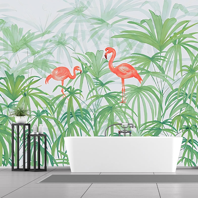 Plants Flamingo Murals Decal Tropical Non-Woven Fabric Wall Art in Green for Bedroom Clearhalo 'Wall Decor' 'Wall Mural' 1274501