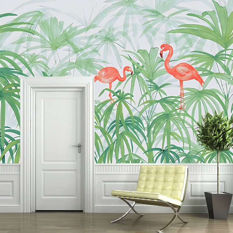 Plants Flamingo Murals Decal Tropical Non-Woven Fabric Wall Art in Green for Bedroom Clearhalo 'Wall Decor' 'Wall Mural' 1274502