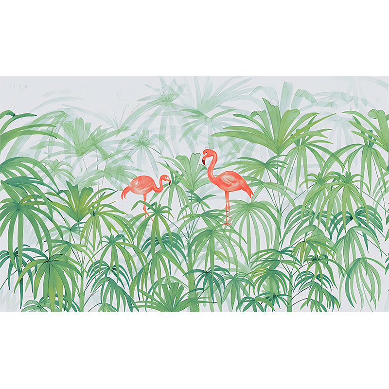 Plants Flamingo Murals Decal Tropical Non-Woven Fabric Wall Art in Green for Bedroom Clearhalo 'Wall Decor' 'Wall Mural' 1274503