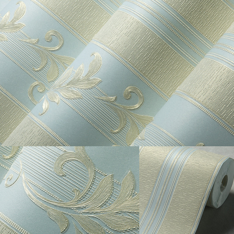 Retro Embroidered Leaf Wallpaper Roll Light-Color Stripe Wall Art for Living Room Light Blue Clearhalo 'Vintage wall decor' 'Vintage' 'Wallpaper' Wall Decor' 1276720