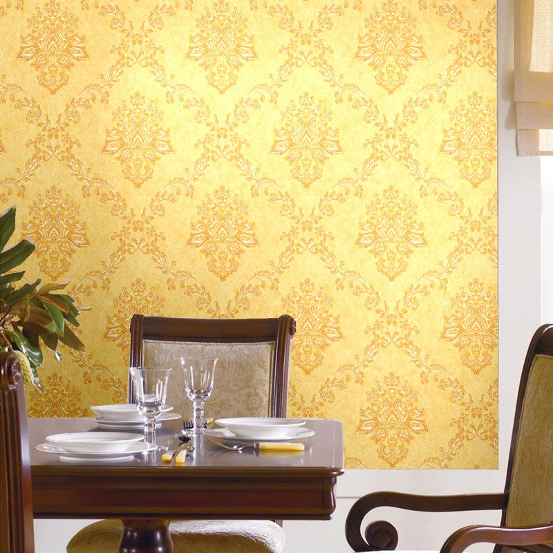 Damask Wallpaper Roll Nostalgic Moisture Resistant Dining Room Wall Art, 31' L x 20.5