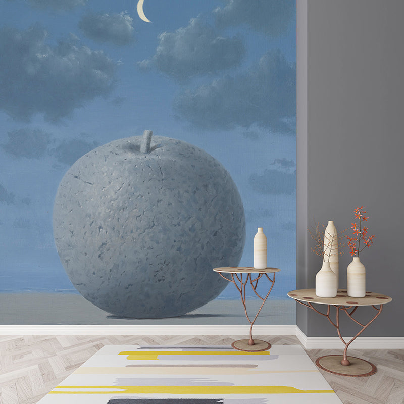 Customized Illustration Surreal Murals Wallpaper with Giant Apple Under Moon Night Sky Pattern in Grey-Blue Gray-Blue Clearhalo 'Wall Decor' 'Wall Mural' 1283204