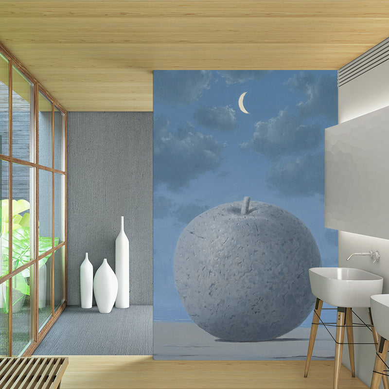 Customized Illustration Surreal Murals Wallpaper with Giant Apple Under Moon Night Sky Pattern in Grey-Blue Clearhalo 'Wall Decor' 'Wall Mural' 1283205