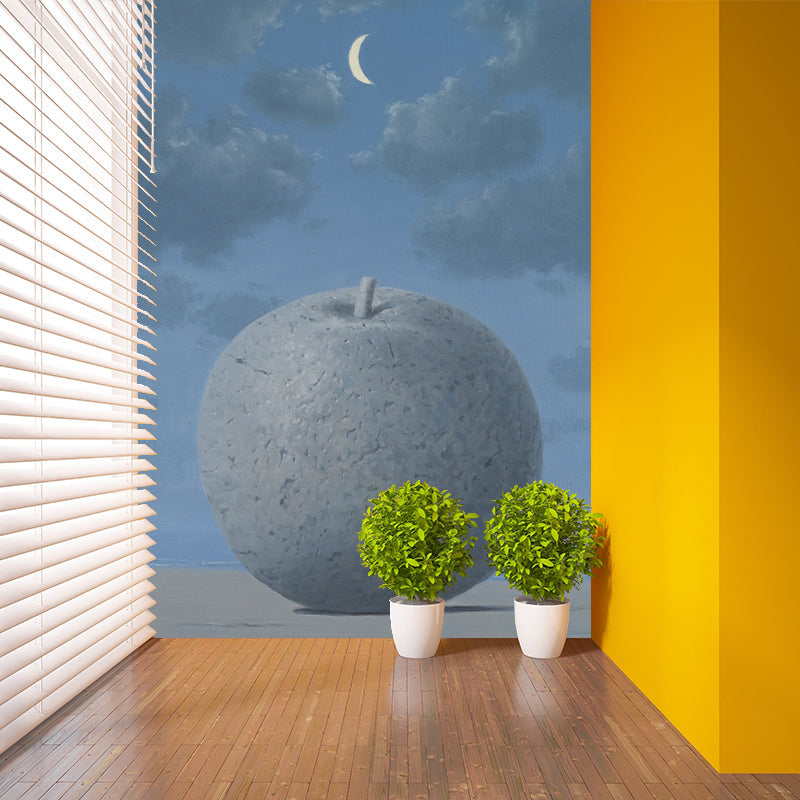 Customized Illustration Surreal Murals Wallpaper with Giant Apple Under Moon Night Sky Pattern in Grey-Blue Clearhalo 'Wall Decor' 'Wall Mural' 1283206